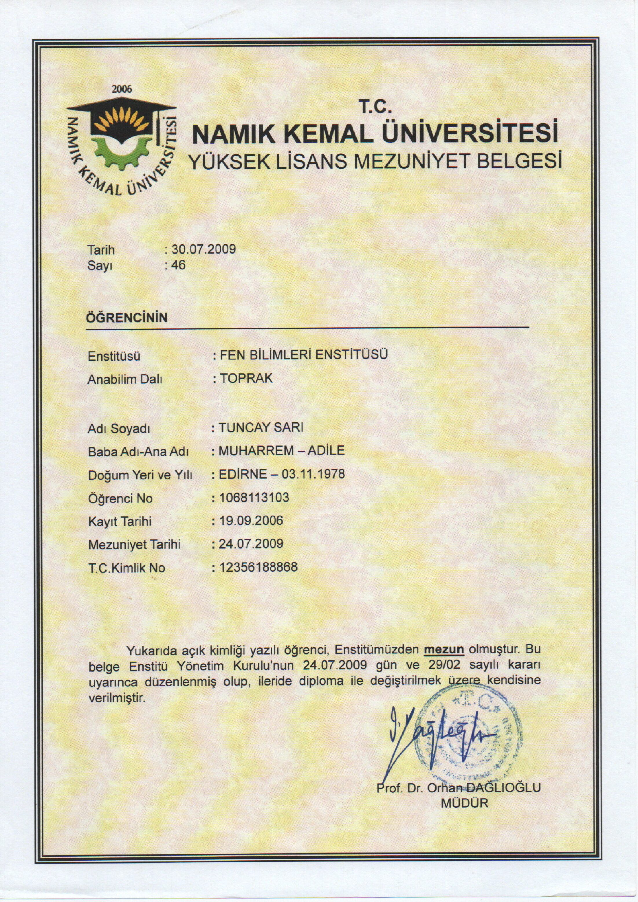 Toprak Bilimi Yüksek Lisans Diploması belgesi