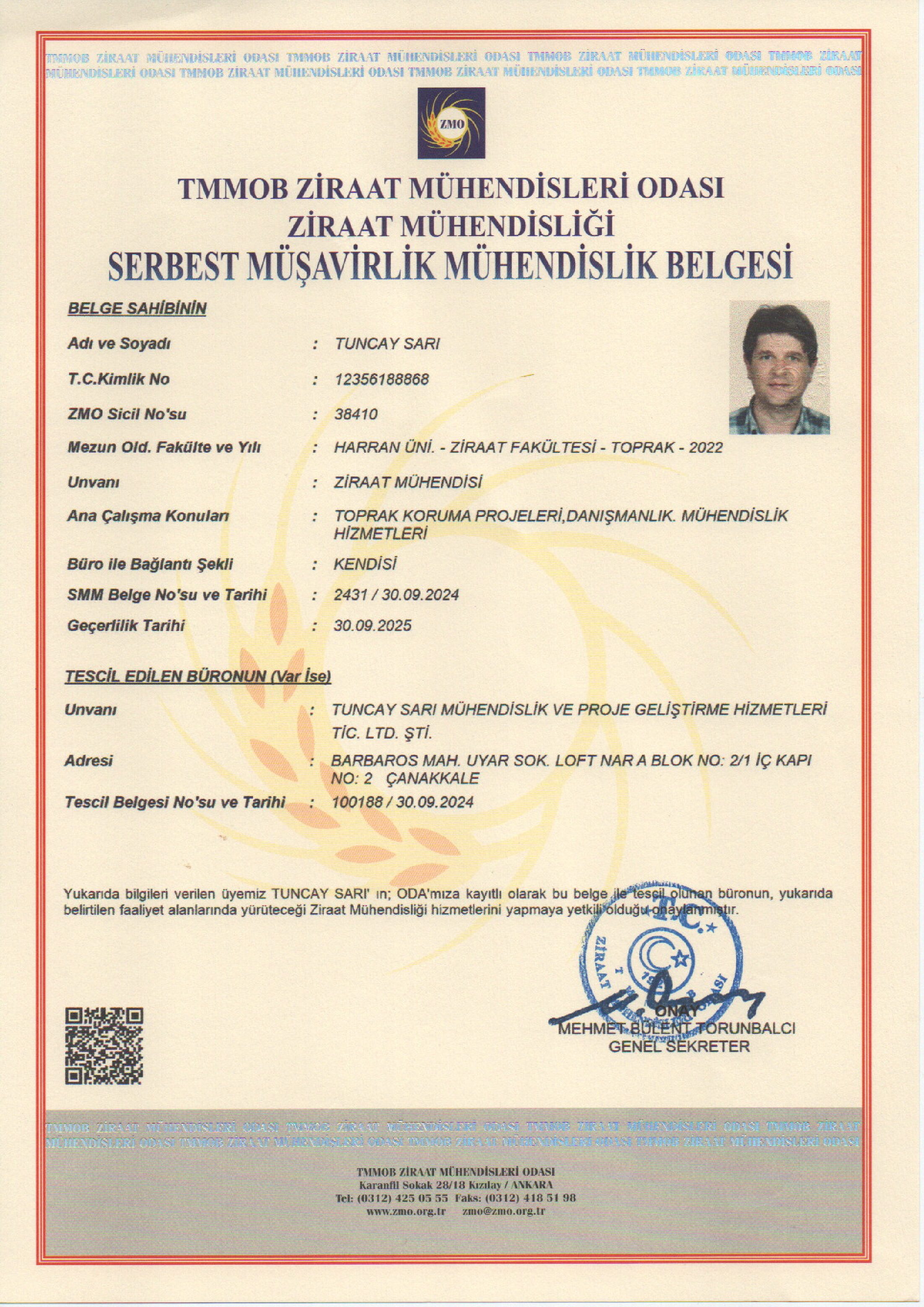 Serbest Müşavirlik Mühendislik Belgesi (SMM) belgesi