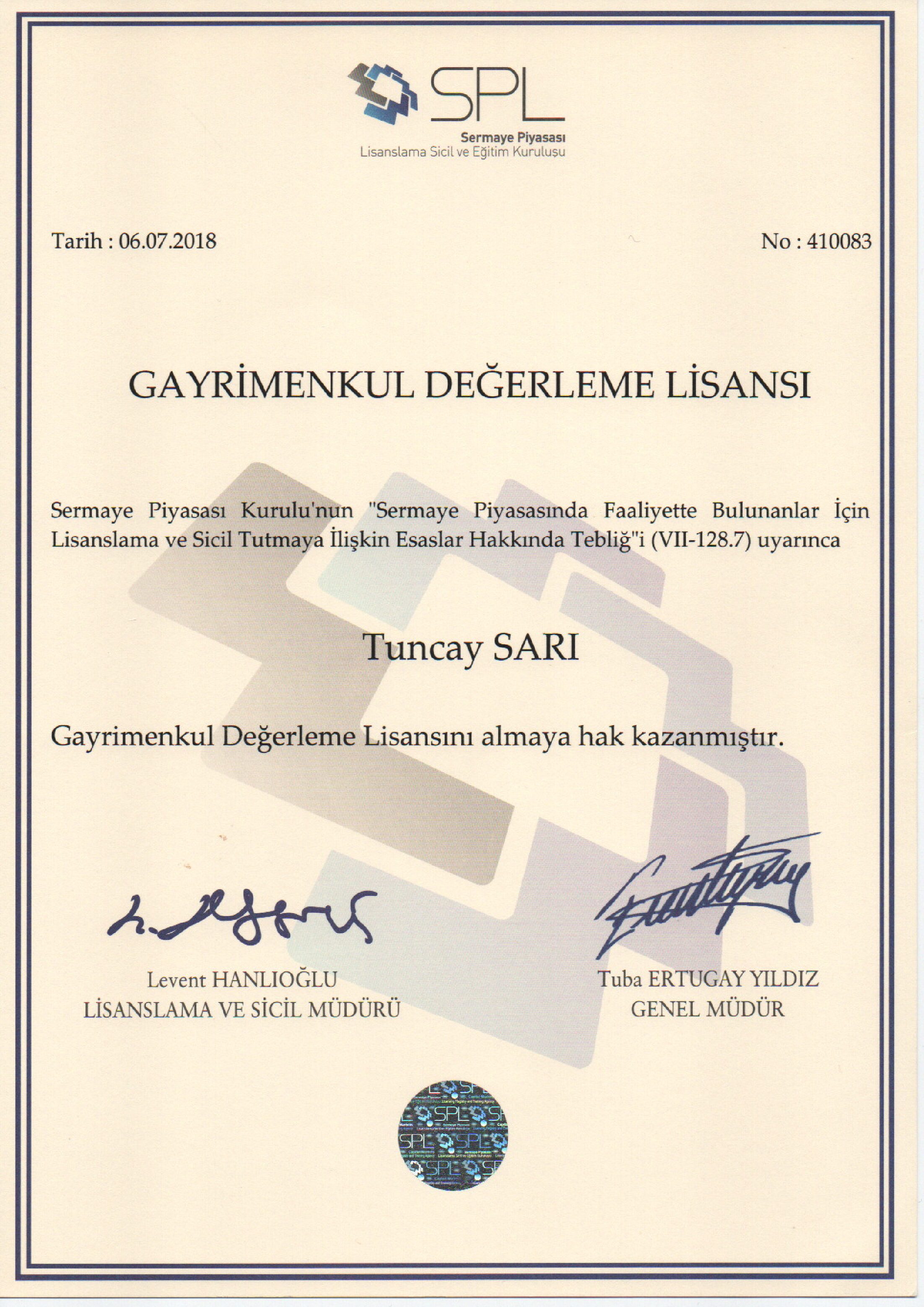 Gayrimenkul Değerleme Lisansı belgesi